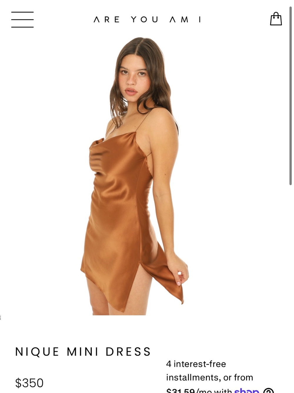 ARE YOU AM I Copper Satin Cowl Mini Slip Dress